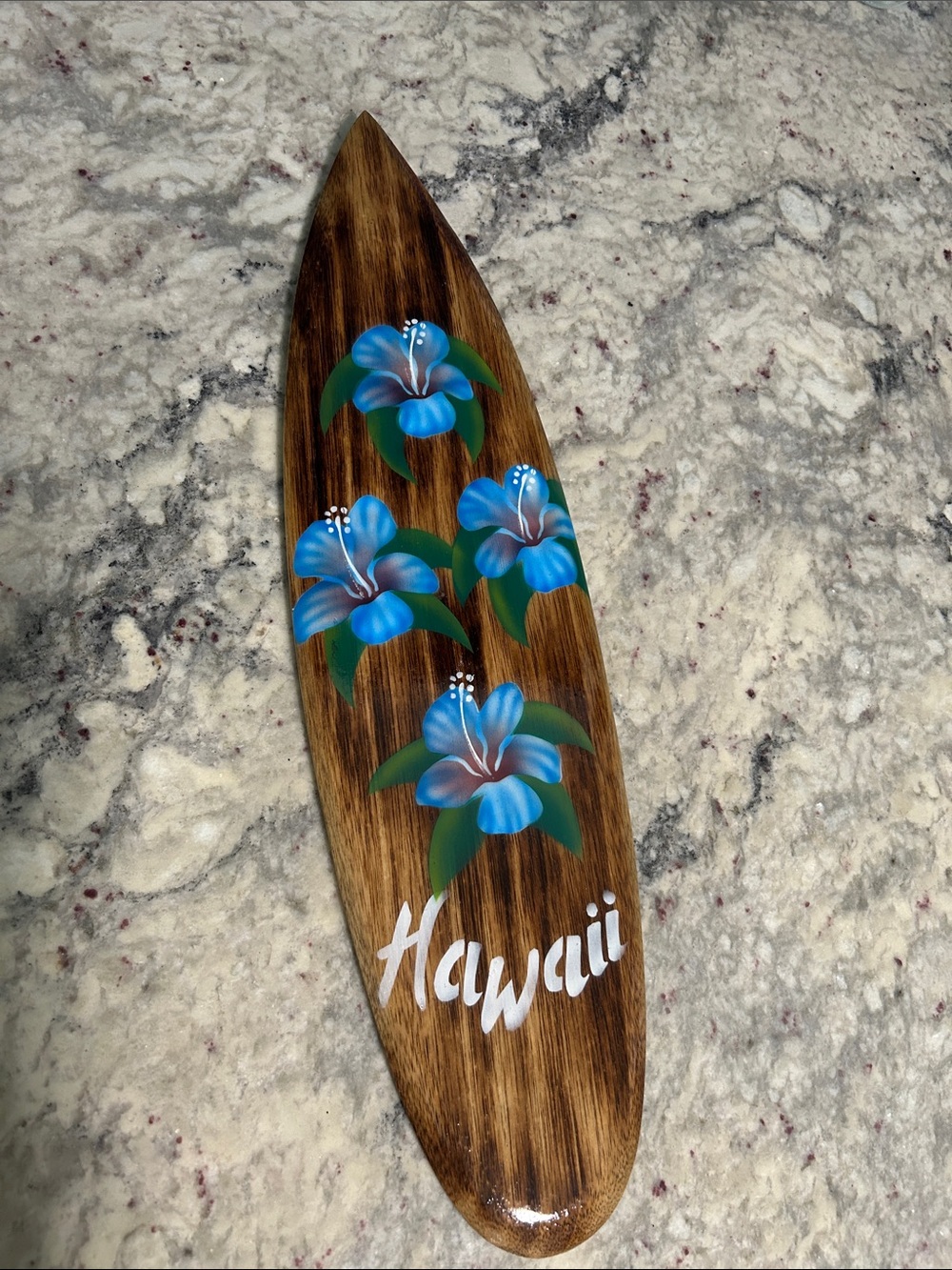 Hawaii Wooden Surfboard Wall Art with Blue Hibiscus Flowers